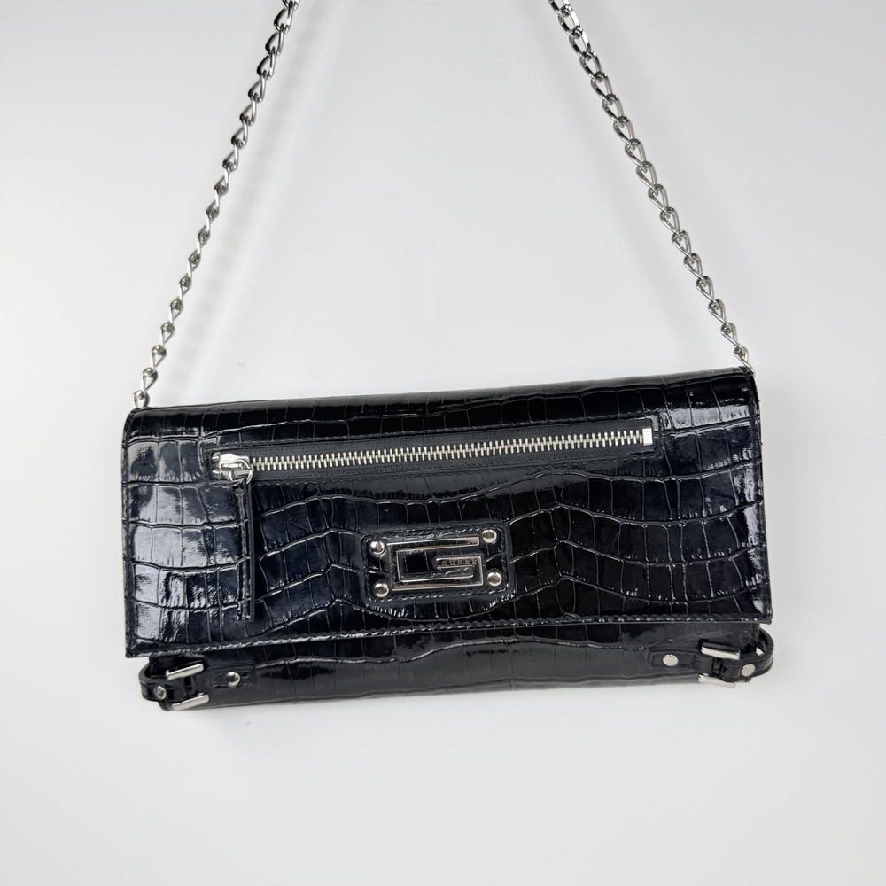 GUESS Black Croc Embossed Shoulder Bag Silver Chain Strap Vintage Y2K Purse - Picture 2 of 13